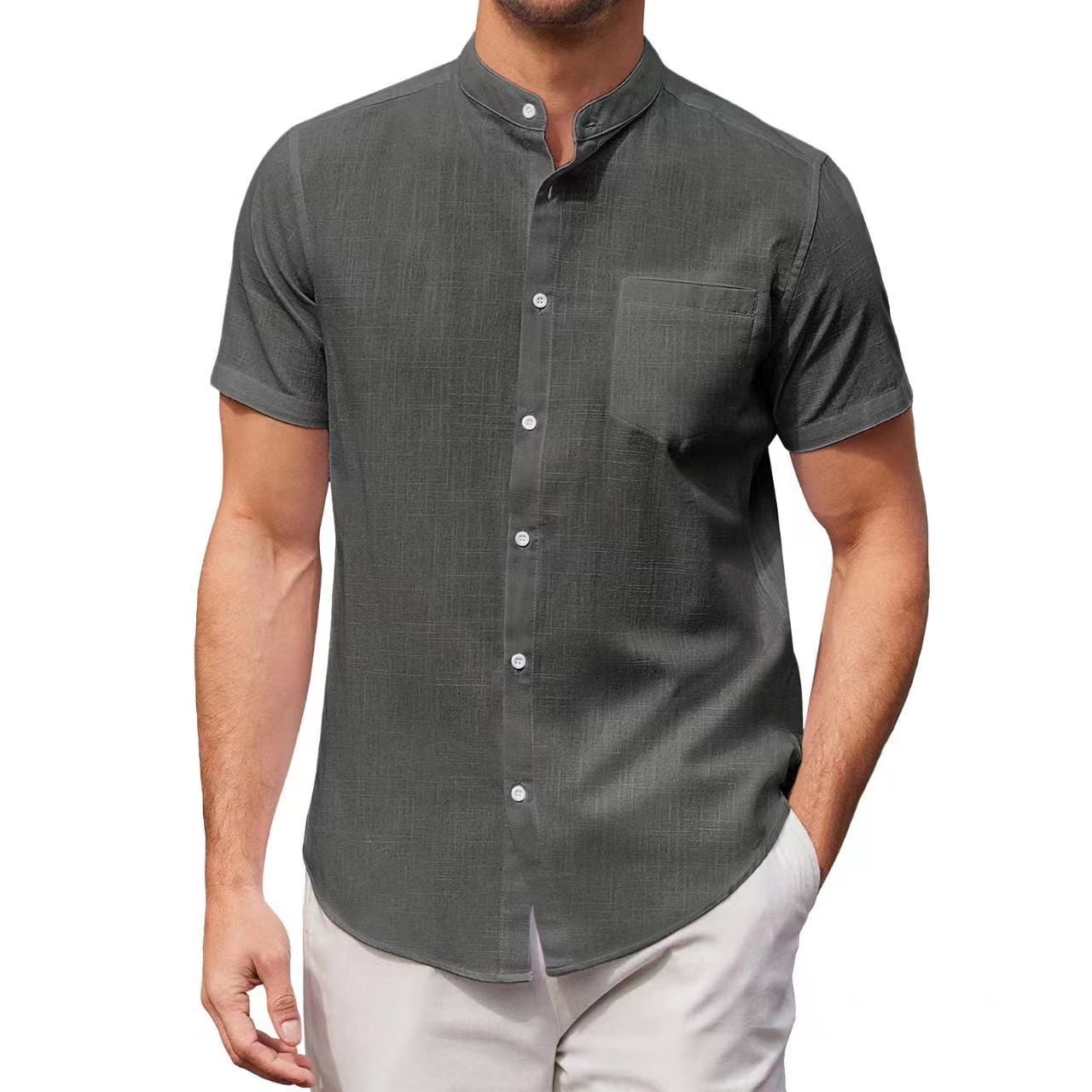 RYRJJ Mens Banded Collar Linen Cotton Shirts Casual Summer Beach Button-Down  Short Sleeve Shirts with Chest Pocket(Dark Gray,S) 