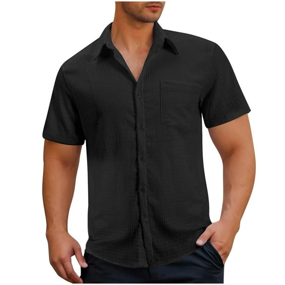 RYRJJ Mens Casual Button Down Shirt Short Sleeve Textured Shirt Summer Beach Vacation Shirts with Pocket(Black,M)