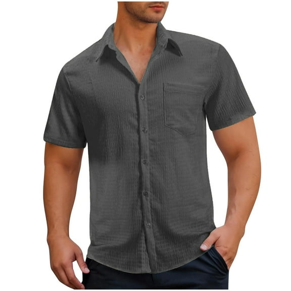 RYRJJ Mens Casual Button Down Shirt Short Sleeve Textured Shirt Summer Beach Vacation Shirts with Pocket(Dark Gray,XXL)