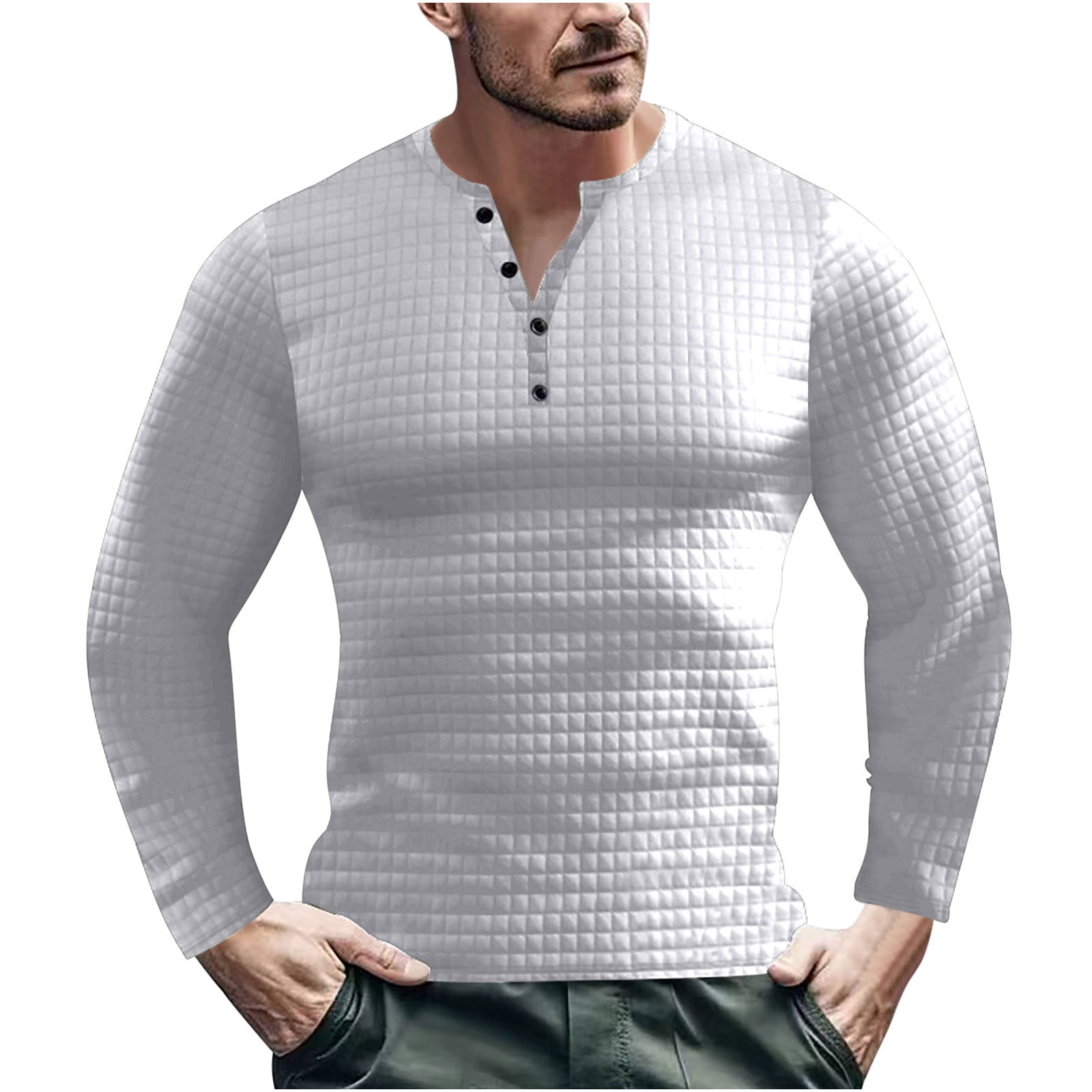 RYRJJ Mens Casual Henley Sweater Waffle Knit Long Sleeve Button Tee