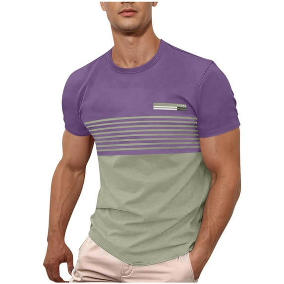RYRJJ Mens Casual Muscle T-Shirts Striped Short Sleeve Tees Lightweight Quick Dry Crewneck Color Block Tee Shirts(Purple,XL)