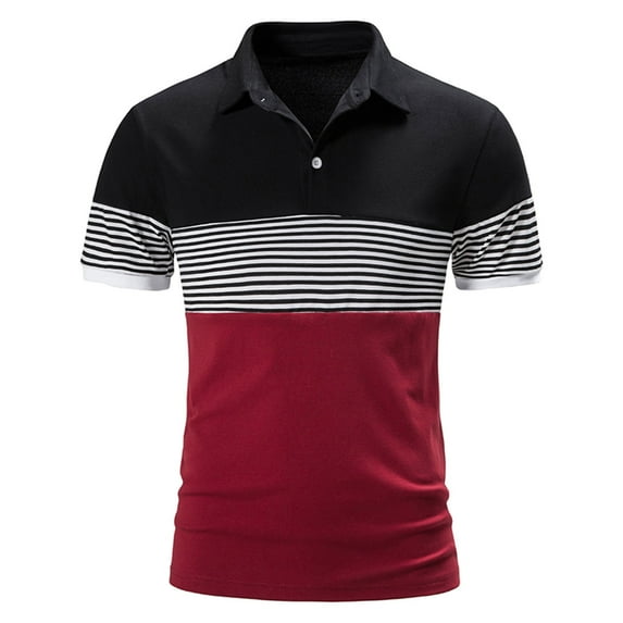 RYRJJ Mens Casual Regular Fit Polo Shirts Short Sleeve Contrast Color Stitching Stripe Summer Trendy Cotton T-Shirts(Wine,S)