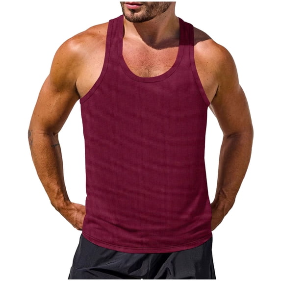 RYRJJ Mens Casual Tank Tops Waffle Knit Sleeveless Shirt Breathable Tank Shirts Summer Muscle Tee(Wine,XXL)