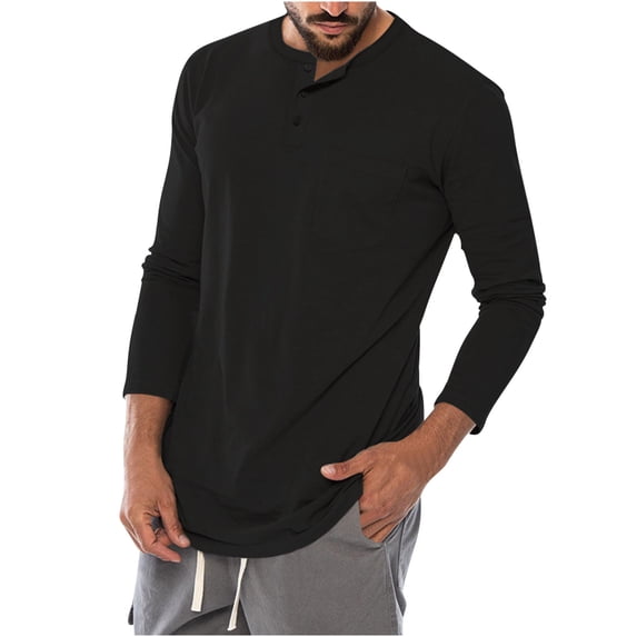 RYRJJ Mens Fashion Casual Front Placket Basic Long Sleeve Henley T-Shirts Classic Solid Color Pullover Shirts Crewneck Workout Tops with Pocket(Black,M)