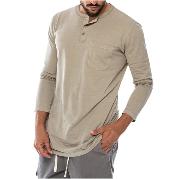 RYRJJ Mens Fashion Casual Front Placket Basic Long Sleeve Henley T-Shirts Classic Solid Color Pullover Shirts Crewneck Workout Tops with Pocket(Khaki,L)