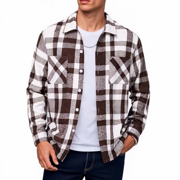 RYRJJ Mens Flannel Shirts Jackets Casual Shackets Button Down Long Sleeve Plaid Shirt Lightweight Jacket Outwear with Pockets(Coffee,3XL)