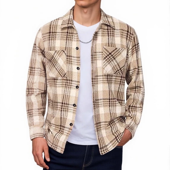 RYRJJ Mens Flannel Shirts Jackets Casual Shackets Button Down Long Sleeve Plaid Shirt Lightweight Jacket Outwear with Pockets(Khaki,3XL)