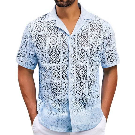 RYRJJ Mens Floral Lace Shirt Hollow Out Sheer See Through Short Sleeve Casual Button Down Beach Shirts Summer Hawaiian Tops(Blue,XL)