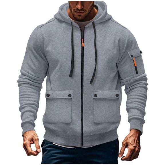 RYRJJ Mens Full Zip Tactical Hoodie Jackets Drawstring Casual Hooded Coat Workout Cargo Sweatshirts Outwear with Multi-Pockets(Gray,3XL)