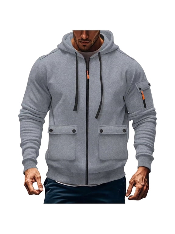 Mens Full Zip Tactical Hoodie Jackets Drawstring Casual Hooded Coat Workout Cargo Sweatshirts Outwear with Multi-Pockets(Gray,L)
