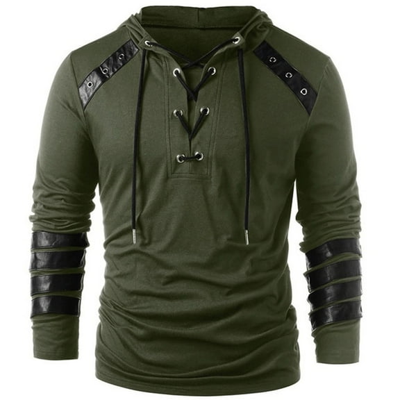 RYRJJ Mens Gothic Lace Up Hoodie Shirts Retro Sweatshirt Vintage Steampunk Pullover Hooded Tops Trendy Streetwear Clothes(Green,L)