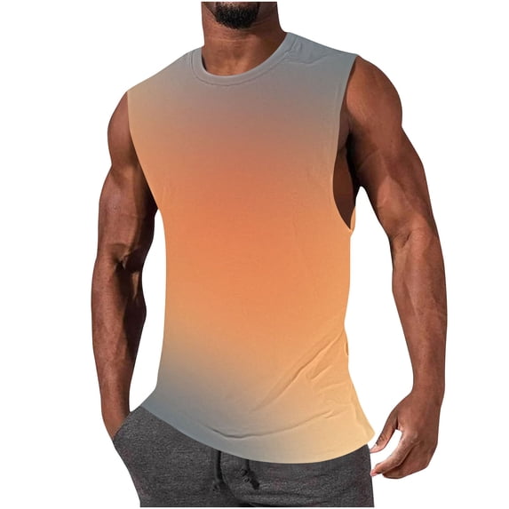 RYRJJ Mens Gradient Tank Top Sleeveless Workout Muscle Athletic Tops Lightweight Round Neck Summer Casual Beach Shirts(Gradient Orange,XXL)