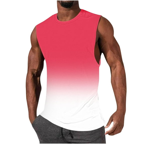RYRJJ Mens Gradient Tank Top Sleeveless Workout Muscle Athletic Tops Lightweight Round Neck Summer Casual Beach Shirts(Pink,XL)