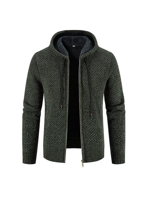 Mens Heavy Warm Sherpa Fleece Lined Hoodie Jackets Long Sleeve Full Zip Up Thick Cable Knitted Cardigan Sweater Coats with Pockets(Army Green,L)
