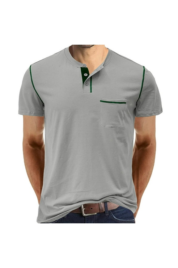 Mens Henley Shirts Classic 3 Button Short Sleeve Daily T Shirt Summer Collarless Casual Pullover Tops with Pocket(Gray,XL)