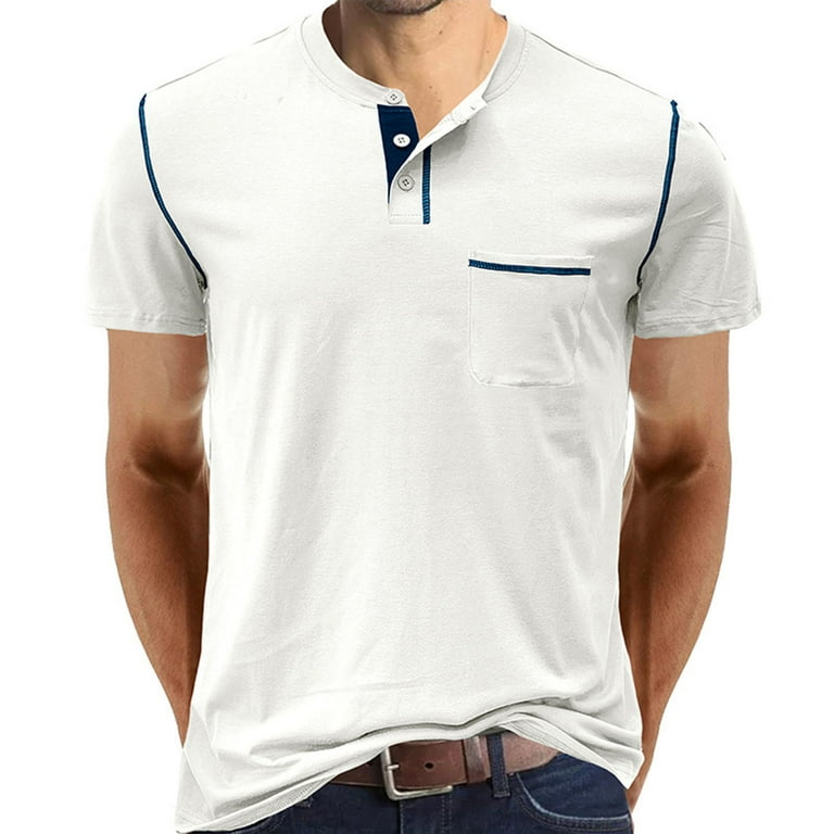 RYRJJ Mens Henley Shirts Classic 3 Button Short Sleeve Daily T Shirt Summer Collarless Casual Pullover Tops with Pocket White XXL