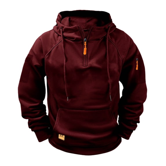 RYRJJ Mens Hoodies Quarter Zip Drawstring Pullover Cargo Hoodie Jacket Fall Long Sleeve Hooded Sweatshirt with Pockets(Wine,S)
