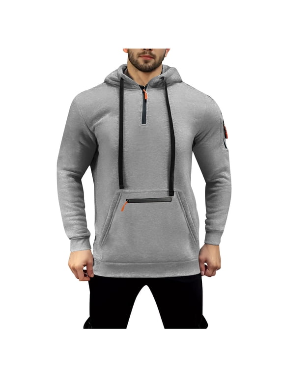 Mens Hoodies Quarter Zip Pullover Tactical Hooded Sweatshirt Vintage Long Sleeve Casual Hoodie with Zipper Pockets(Gray,M)
