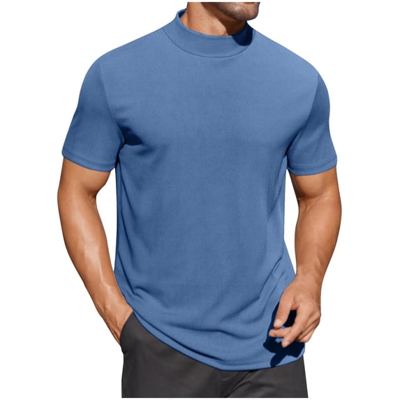 RYRJJ Mens Mock Turtleneck Shirts Short Sleeve Casual Basic T-Shirts Ribbed Solid Pullover Tops(Blue,XXL)
