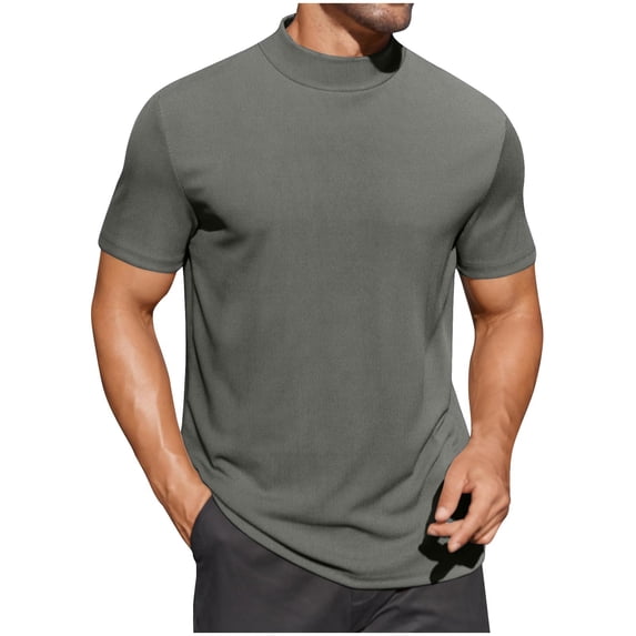 RYRJJ Mens Mock Turtleneck Shirts Short Sleeve Casual Basic T-Shirts Ribbed Solid Pullover Tops(Gray,S)