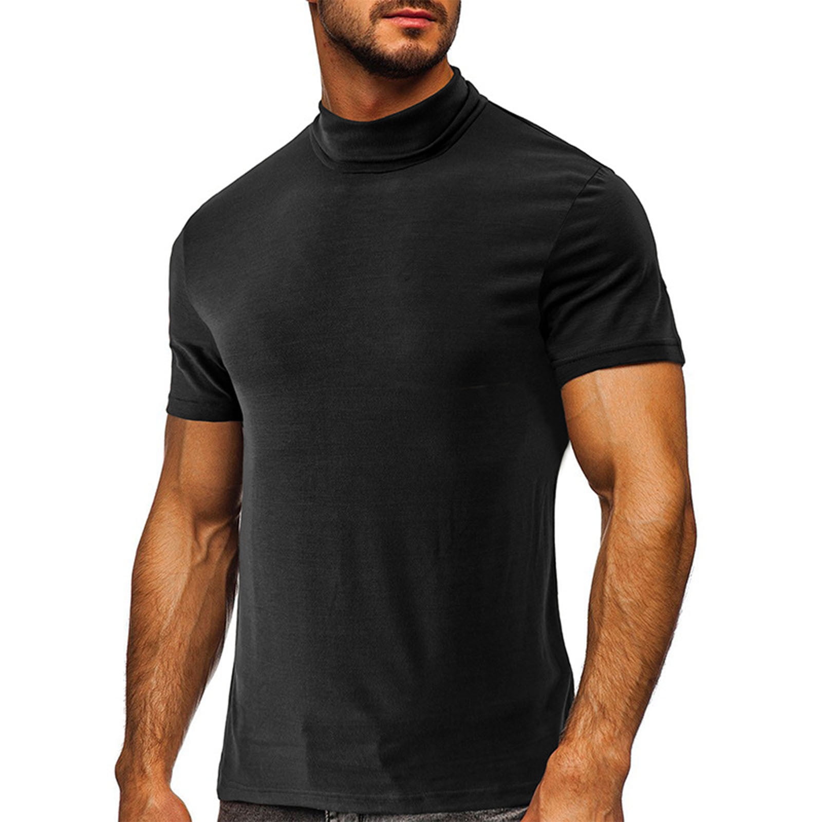 RYRJJ Mens Mock Turtleneck T-Shirt Short Sleeve Pullover Basic Designed  Undershirt Stretch Lightweight Slim Fit Athletic Muscle Tops(Black,S)