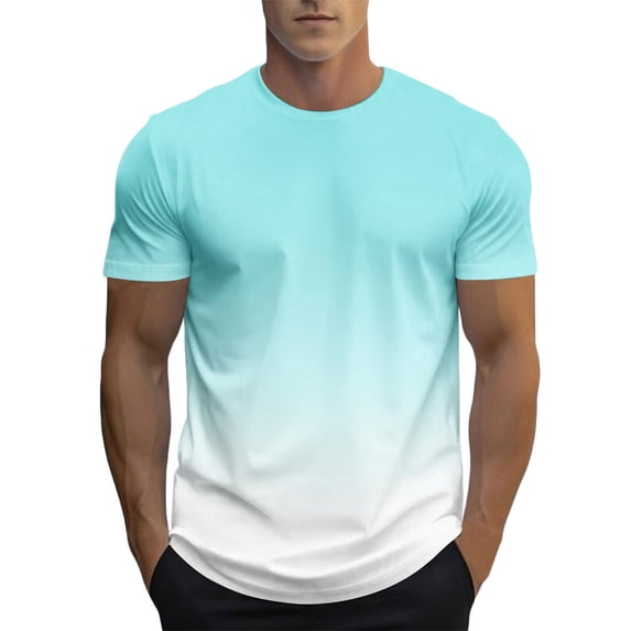 RYRJJ Mens Muscle Gym T-Shirts Short Sleeve Workout Athletic Bodybuilding Cotton Tee Gradient Summer Casual Round Neck Slim Fit Tops(Light Blue,M)