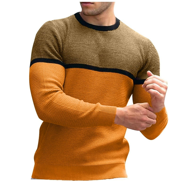 Ryrjj Mens Pullover Sweater Winter Waffle Knitted Jumper Color Block Comfort Stylish Long Sleeve Crewneck Slim Fit Sweaters Tops Yellow S Men s
