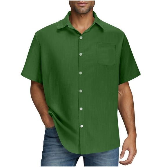 RYRJJ Mens Short Sleeve Button Down Shirts Casual Summer Linen Beach Cuban Vacation Shirts Lightweight Texture Shirt(Green,S)