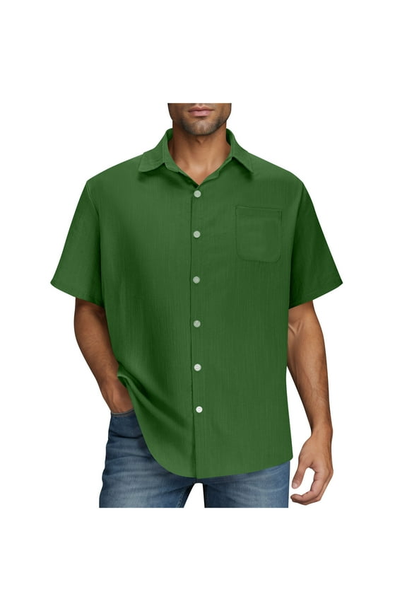 Mens Short Sleeve Button Down Shirts Casual Summer Linen Beach Cuban Vacation Shirts Lightweight Texture Shirt(Green,XL)