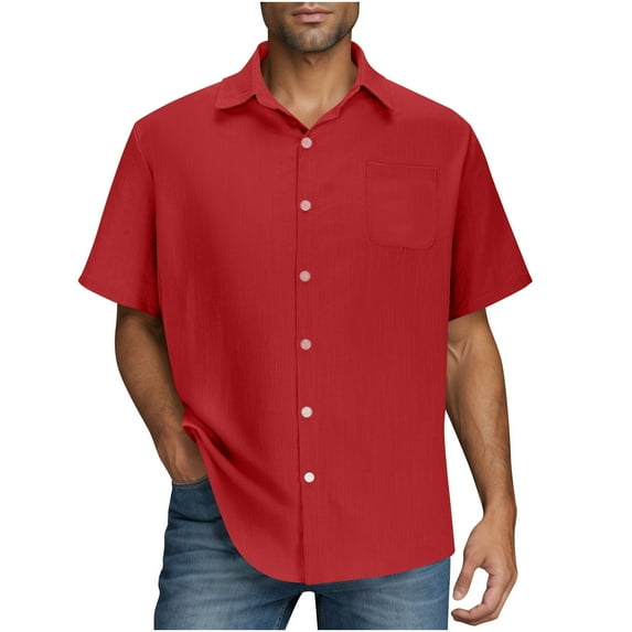 RYRJJ Mens Short Sleeve Button Down Shirts Casual Summer Linen Beach Cuban Vacation Shirts Lightweight Texture Shirt(Red,XXL)