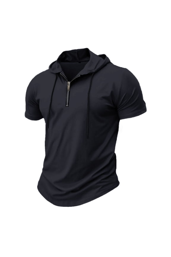 Mens Short Sleeve Workout Hoodies Quarter Zipper Hooded T-Shirts Drawstring Lightweight V Neck Pullover Summer Athletic Shirt(Black,L)