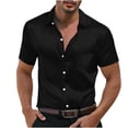 thumbnail image 1 of RYRJJ Mens Silk Button Down Shirt Short Sleeve Collared Satin Dress Shirts Summer Party Wedding Prom Shirt(Black,5XL), 1 of 8