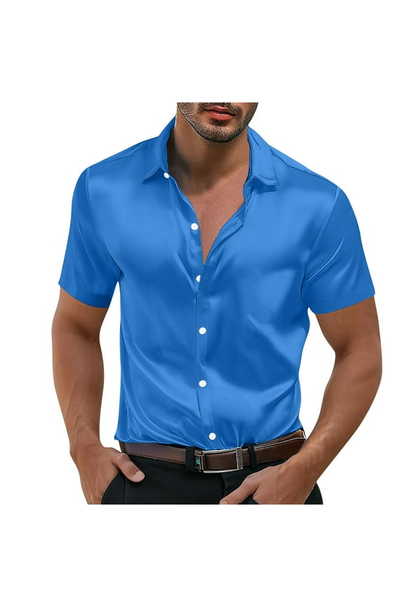 Mens Silk Button Down Shirt Short Sleeve Collared Satin Dress Shirts Summer Party Wedding Prom Shirt(Blue,L)