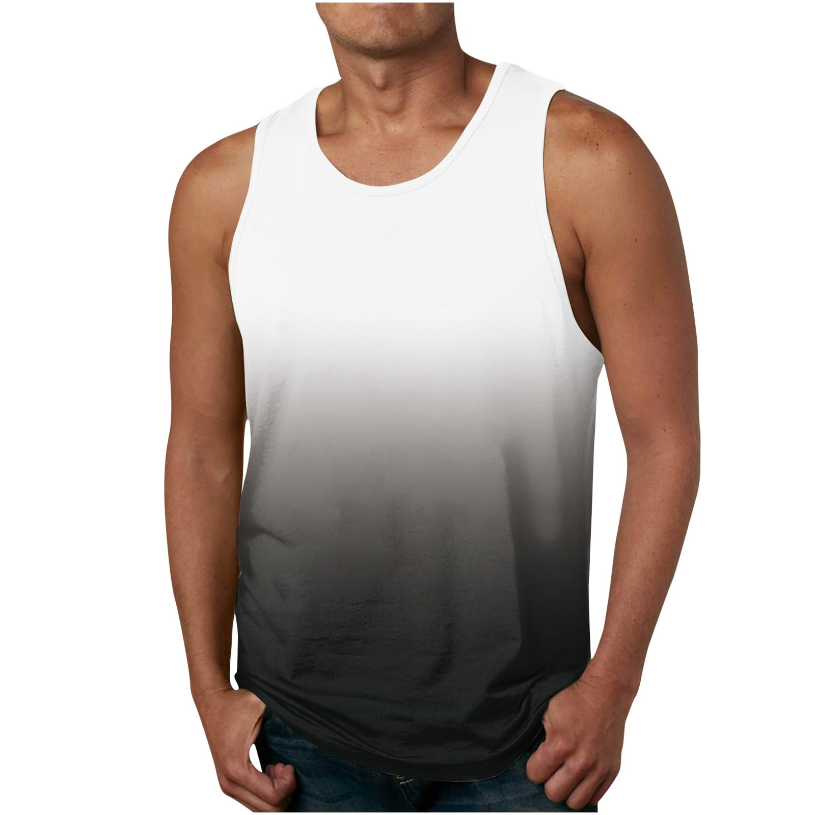 RYRJJ Mens Summer Workout T-Shirts Tops Casual Beach Gradient Printed Round  Neck Sleeveless Breathable Tank Tops(White,XXL) 