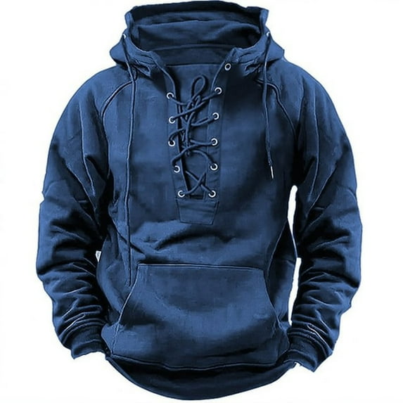 RYRJJ Mens Tactical Sweatshirts Vintage Lace-Up Aztec Hooded Pullover Long Sleeve Cargo Workout Outdoor Hoodies with Pocket(Blue,3XL)