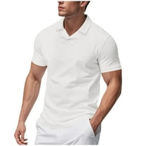RYRJJ Mens Waffle Knit Polo Shirts Collared V Neck Short Sleeve Stretch T Shirt Summer Casual Golf Shirts(White,M)