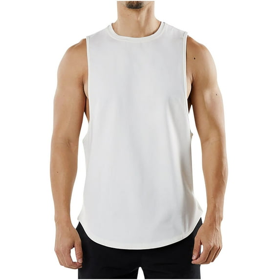 RYRJJ Mens Workout Cut Off Shirts Athletic Muscle Shirt Bodybuilding Fitness Tank Tops Sleeveless Gym T Shirts(White,XL)