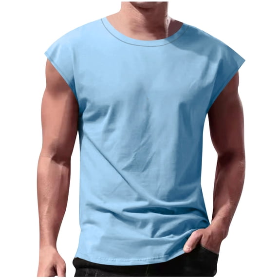RYRJJ Mens Workout Tank Top Sleeveless Shirt Quick Dry Muscle Gym Bodybuilding Fitness Training T Shirts(Light Blue,S)