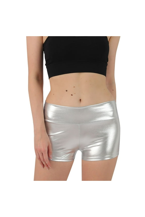 Metallic High Waisted Booty Shorts Women's Shiny Cheeky Dance Bottoms Wet Look Disco Party Club Hotpants(Silver,M)
