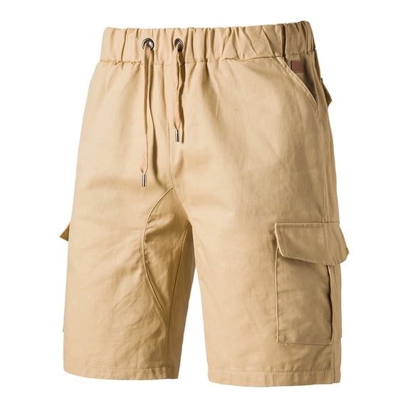 RYRJJ Cargo Shorts for Men Summer Elastic Waist Drawstring Cotton Casual Outdoor Lightweight Multi-Pocket Short Pants(Khaki,M)