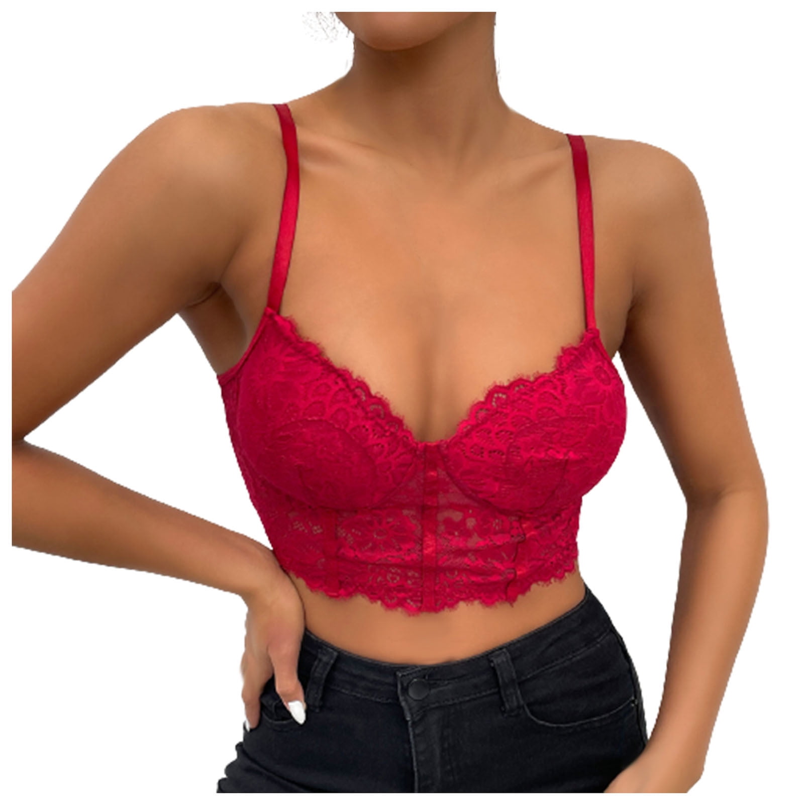 RYRJJ Lace Bralette for Womens Cami Crop Tops Spaghetti Strap Sexy V Neck  Bustier Going Out Tops Camisole Bralettes Bra(Wine,S) 
