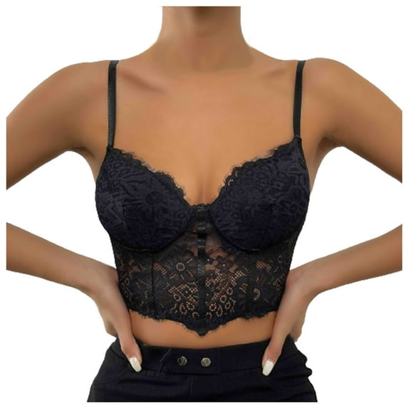 RYRJJ Corset Tops for Women Summer Lace Bustier Tank Top Mesh Vintage Spaghetti Strap Going Out Party Crop Tops(Black,M)