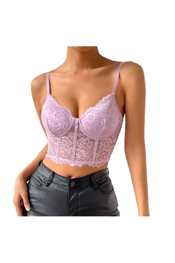 Corset Tops for Women Summer Lace Bustier Tank Top Mesh Vintage Spaghetti Strap Going Out Party Crop Tops(Purple,L)