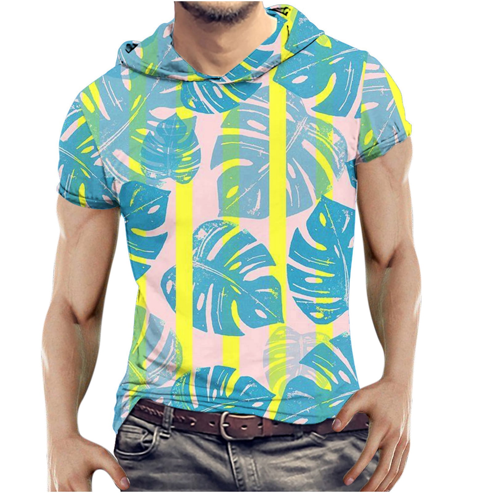 RYRJJ On Clearance Men's 3D Print Hooded Shirts Hawaiin Floral Graphic Tees  Summer Short Sleeve Workout T-Shirts Funny Hoodies Tops Green L 
