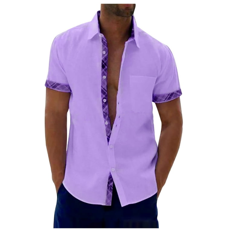 RYRJJ On Clearance Men's Cotton Linen Shirts Plaid Collar Short Sleeve  Button Down Shirt for Men Fashion Summer Beach Casual Shirt Purple S 
