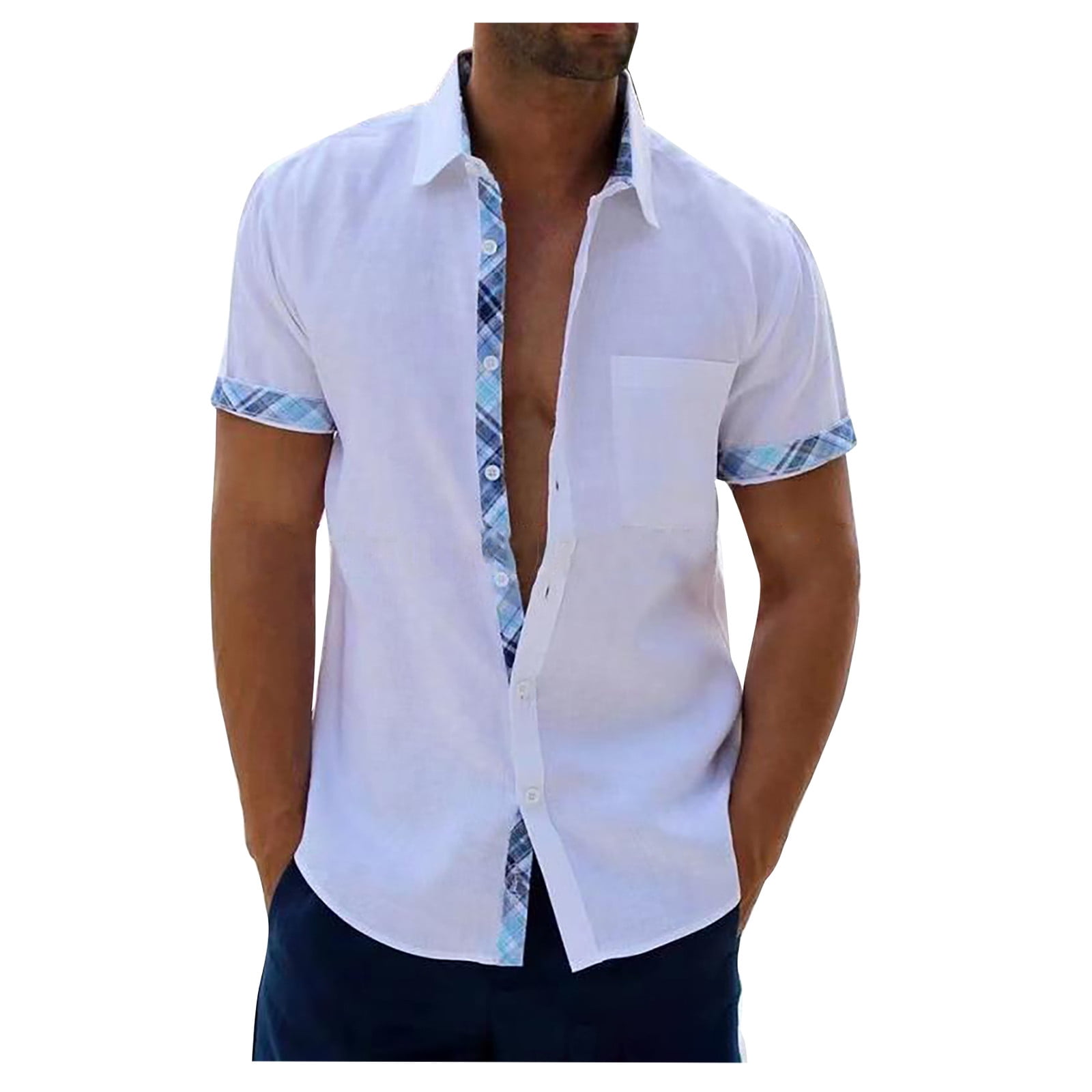 RYRJJ On Clearance Men's Cotton Linen Shirts Plaid Collar Short Sleeve  Button Down Shirt for Men Fashion Summer Beach Casual Shirt Purple S 