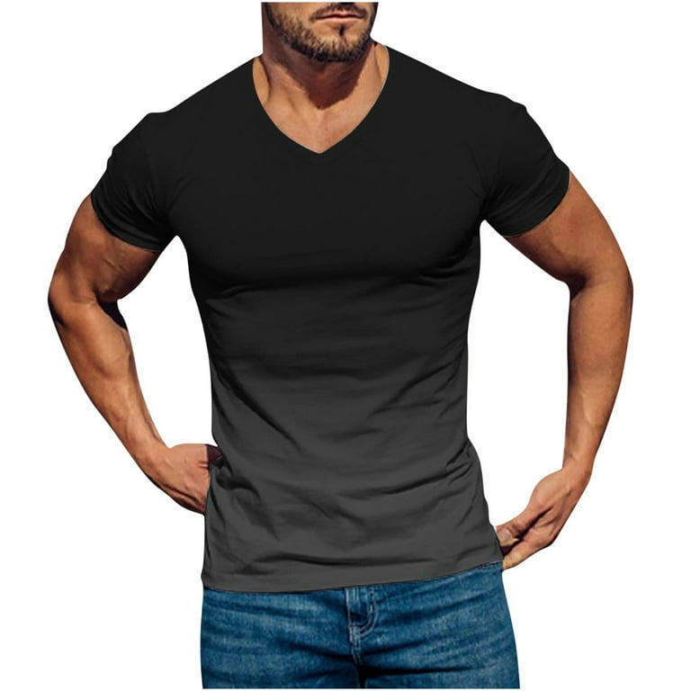 RYRJJ On Clearance Men's Muscle Workout Athletic V Neck T-Shirt  Bodybuilding Fashion Gradient Color Short Sleeve Slim Fit Tee Top Dark Gray  L