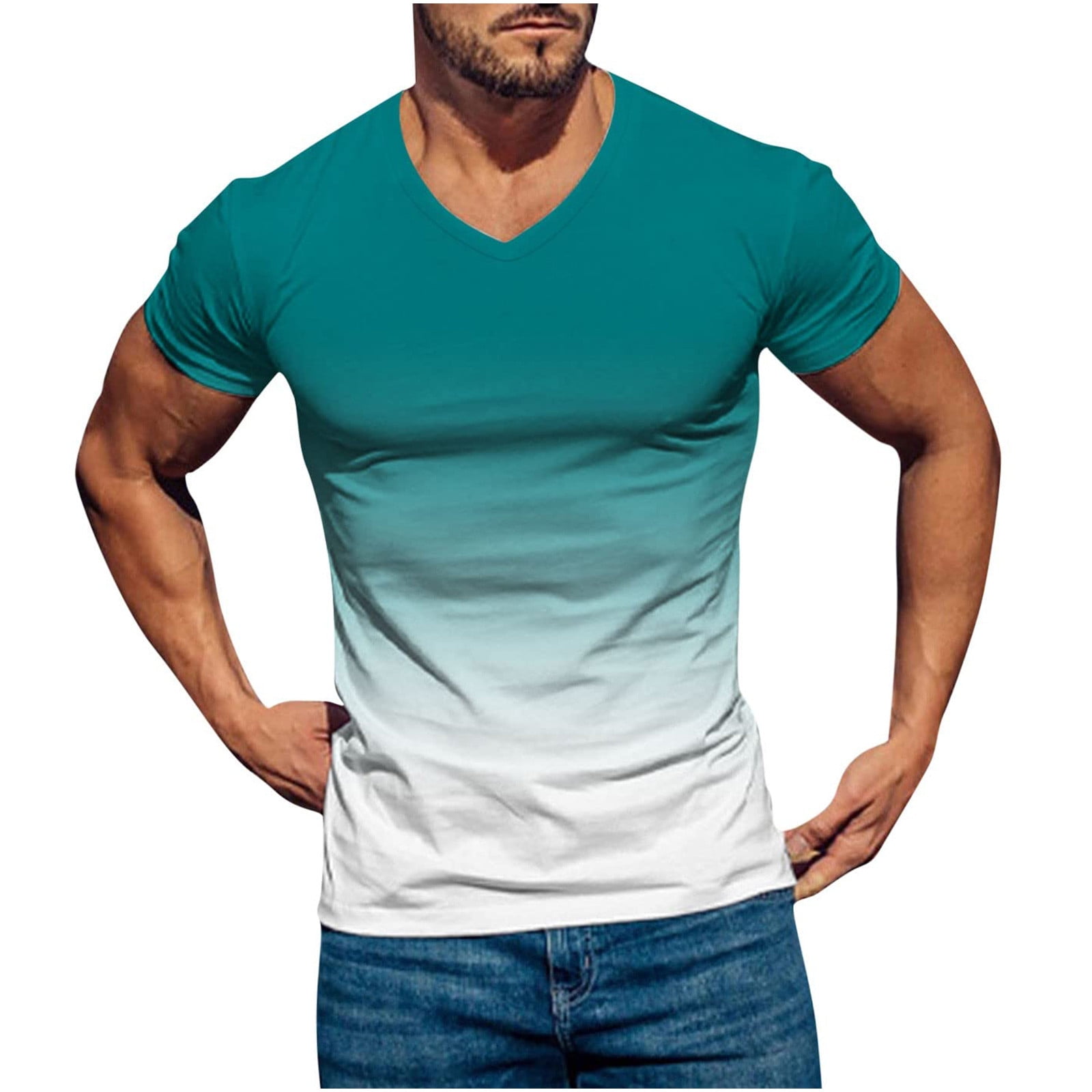 RYRJJ On Clearance Men's Muscle Workout Athletic V Neck T-Shirt  Bodybuilding Fashion Gradient Color Short Sleeve Slim Fit Tee Top Dark Gray  L 