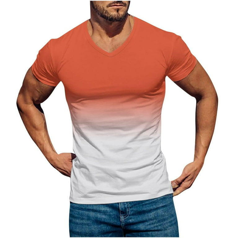 RYRJJ On Clearance Men's Muscle Workout Athletic V Neck T-Shirt  Bodybuilding Fashion Gradient Color Short Sleeve Slim Fit Tee Top Orange  White 4XL 