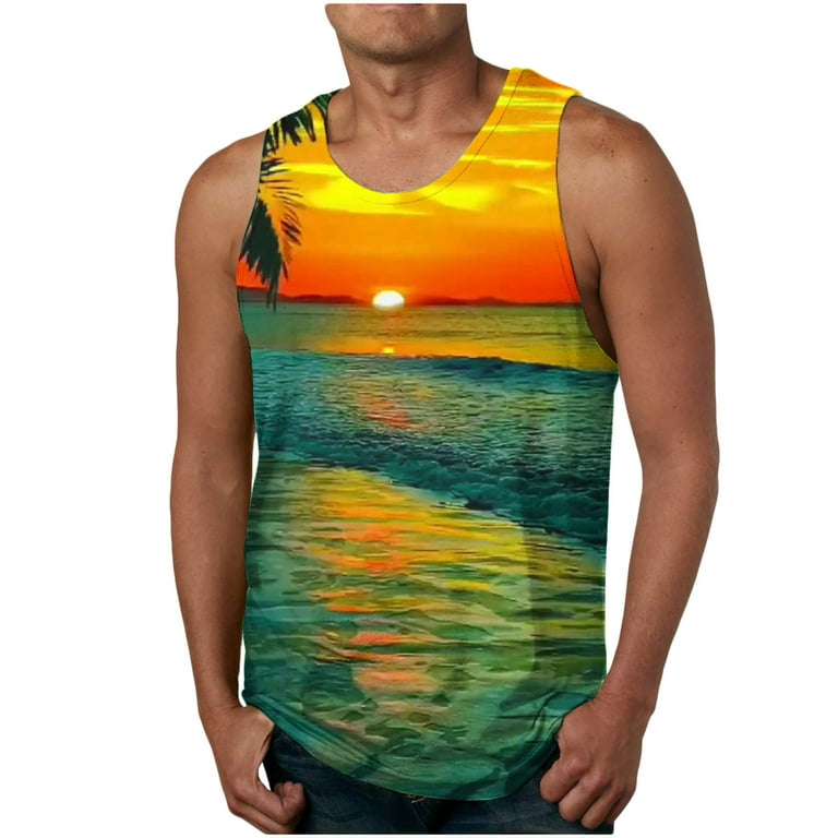 RYRJJ On Clearance Mens Funny Hawaii Tank Tops 3D Printed Palm Tree Graphic  Sleeveless Tee Shirts Summer Muscle Gym Workout T-Shirt Green 4XL 
